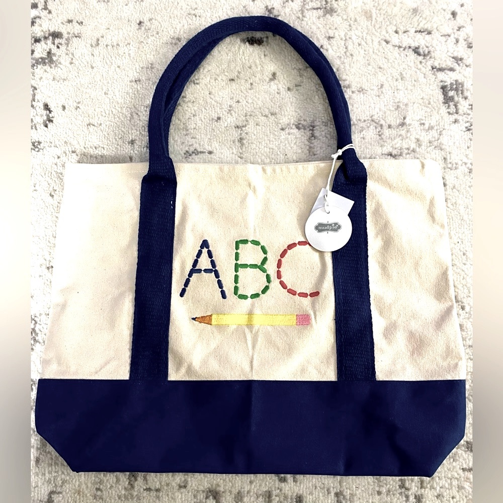 Mudpie Canvas Teacher ABC 123 Pencil Embroidered School Shoulder Bag Tote